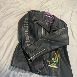 Warner Bros. Black Leather Jacket with Green and Orange Accents